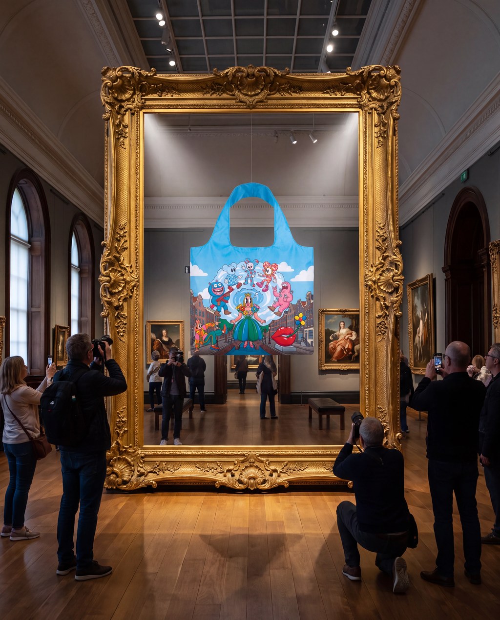 So It Transmits — the bag hung as an artwork in a gilt frame